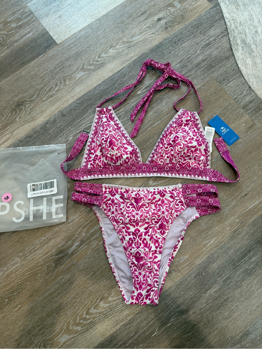 Cupshe Magenta & White Floral Lace-Trim Bikini Set